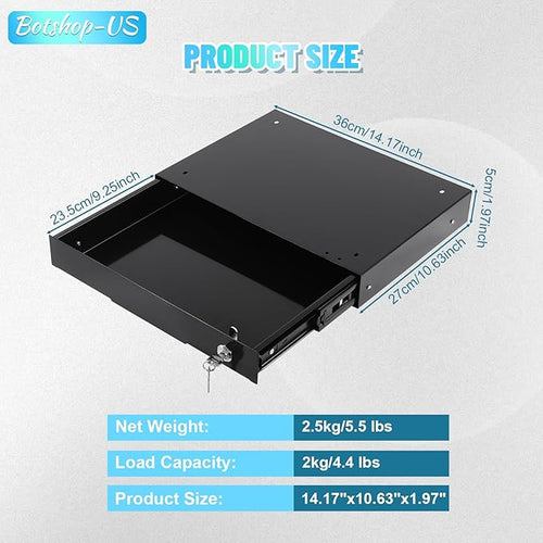 14" Under Desk Mounted Sliding Pull-out Drawer Organizer for Office - Lockable, Sit Stand Workstation, Black