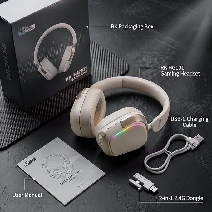 RK Royal Kludge HG101 Wireless Gaming Headset, 7.1 Surround Sound, Stereo Wired Headphones with Retractable Mic, Bluetooth5.3, RGB, Memory Foam Ear Pads, Works with PC, PS4, PS5, Switch, Platinum Grey