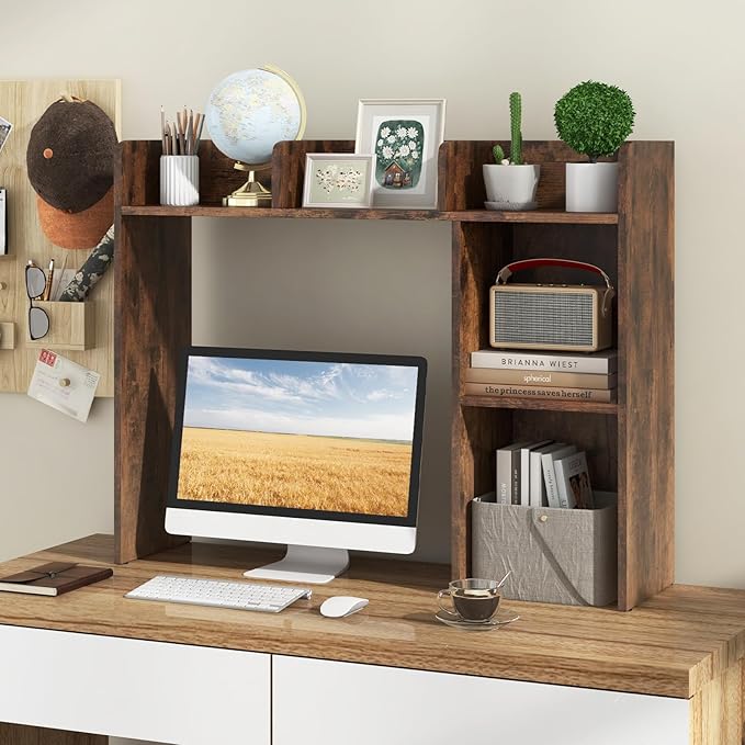 Desktop Bookshelf, 3-Tier Desk Hutch Shelf with 5 Display Rack for Computer Desk, Desk Organizer Shelves for Top of Desk, Dorm, Home, Office (Rustic Brown)