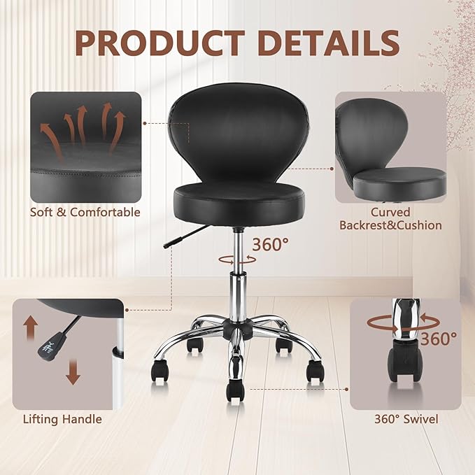 KLASIKA Pu Leather Round Rolling Swivel Salon Stool Chair, with Adjustable Height and Back Support for Office Massage Facial Spa Medical Drafting Tattoo Beauty Barber Black 4PK