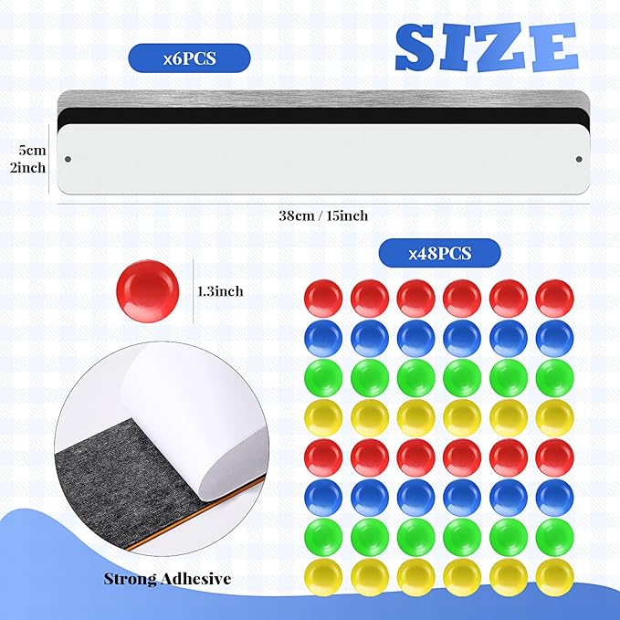 Outus 6 Pieces Frameless Magnetic Stainless Iron Board Strip 15 x 2 Inch Bulletin Bar Board Memo Strip Set with 48 Pieces Colorful Magnet for Kitchen Office(Silver, Black, White)