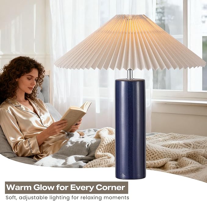 EOEYYOYB Ceramic Table Lamps for Bedroom Set of 2, Adjustable Shade Lamps for Night Stands, Modern Cylindrical Nightstand Table Lamps 5W E26 for Bedroom Bedside Buffet, Blue