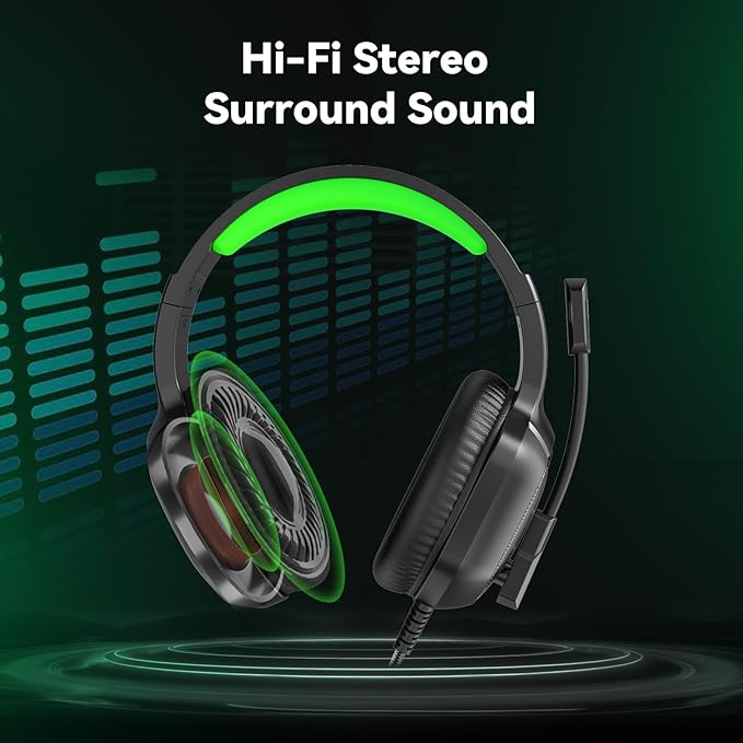Gaming Headset with Microphone for Pc, Xbox One Series X/s, Ps4, Ps5, Switch, Stereo Wired Noise Cancelling Over-Ear Headphones with Mic, RGB, for Computer, Laptop, Mac, Nintendo (Green)