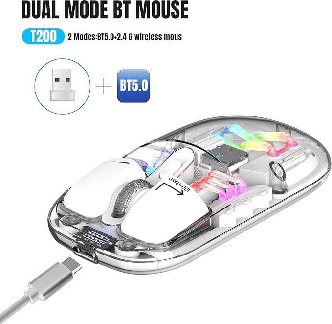 Wireless Bluetooth Mouse, Transparent BT + 2.4G Dual-Mode Mechanical Mouse with Magnetic Top Cover, Rechargeable RGB Backlit Gaming Mouse for Gaming/Esports/Desktop/Laptops/Tablets (White)