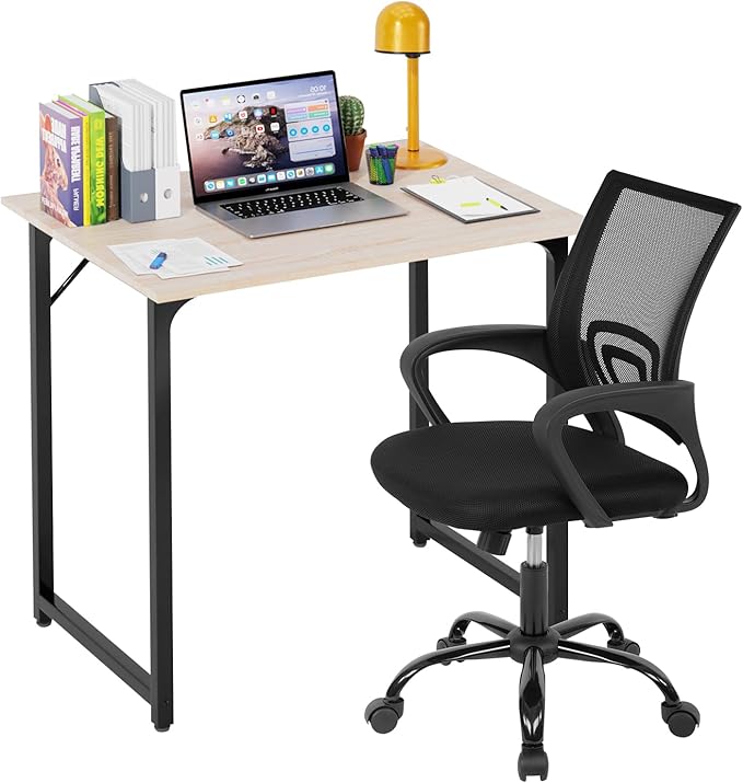 PayLessHere 32 Inch Home Office Desk and Chair Set,32 Inch Computer Desk with Ergonomic Height Adjustable Office Chair for Home Office,Nature&Black