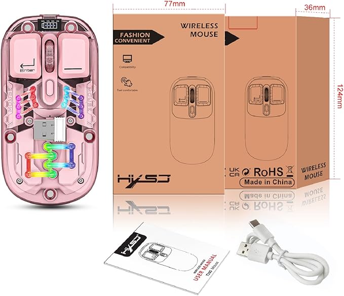 Wireless Bluetooth Mouse, Transparent BT + 2.4G Dual-Mode Mechanical Mouse with Magnetic Top Cover, Rechargeable RGB Backlit Gaming Mouse for Gaming/Esports/Desktop/Laptops/Tablets (Pink)