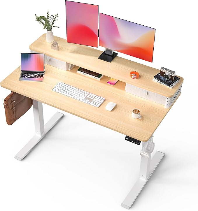FiCiHi 48x24 Inch Standing Desk with Drawers, C-Clamp Mount Compatible, Electric Adjustable Height Computer Stand Up Desks, Home Office Sit Stand Table with 3 Preset Heights, Maple