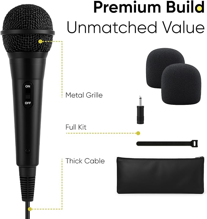 Bowens Wired Dynamic Microphone - Vocal Mic with 15ft Cable and 1/4-Inch to 3.5mm Adapter, Cardioid Karaoke Microphone for Singing, DJ, PA System, Podcasting, Public Speaking Microfono