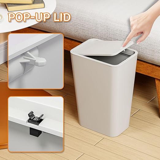 12L Covered Bathroom Trash Can,Office Trash Cans for Near Desk,Slim Bedroom Cute Small Trash Can,3.17 Gallon Plastic Pet/Dog Proof Bathroom Garbage Can,Thin Waste Basket for Room,Kitchen Trashcan,Gray