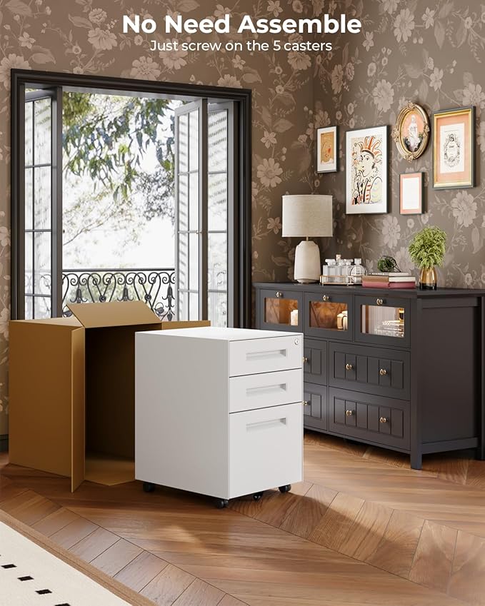 Dripex 3 Drawer White File Cabinet, Mobile Under Desk Storage File Cabinet with Lock on Wheels, Fully Assembled, Letter/Legal Size, Small Short Vertical Metal Rolling Filing Cabinets for Home Office
