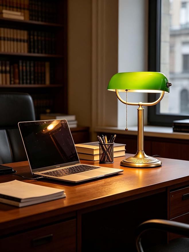 Newrays 1-Minute Quick-Change Shade Classic Green Glass Bankers Desk Lamp for Study, Office, Library, LED Bulb Included