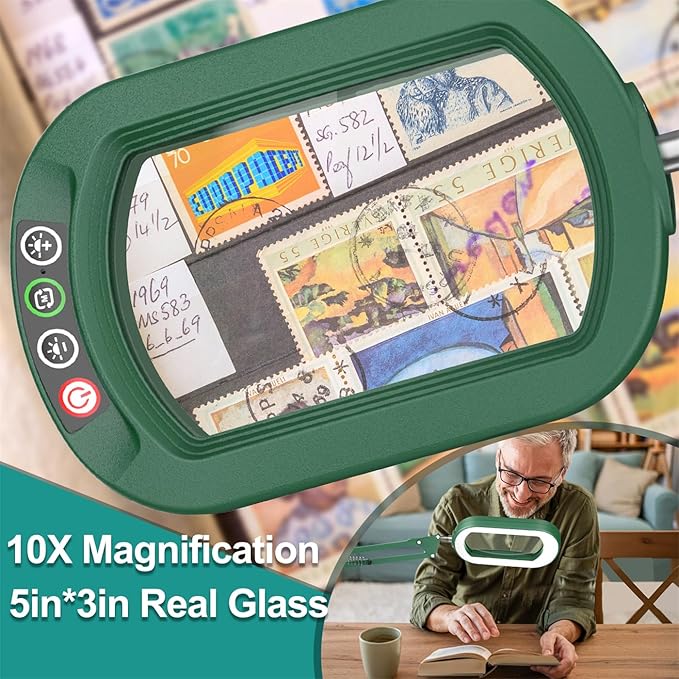 IVMAIE 10X Rectangle Magnifying Glass with Light, 5 Color Modes Stepless Dimmable Magnifier with Stand, LED Lighted Clamp Desk Lamp with Swing Arm, Hands Free for Reading Painting Close Work - Green