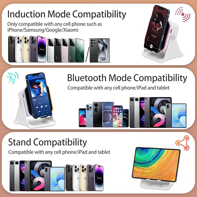Wireless Induction Speaker 5-in-1 Bluetooth Speaker with Phone Holder, Surround Sound, 3500mAh, 8 RGB Ambient Lights, 360° Adjustable Stand, Holder for iPhone/Android/iPad Gifts for Men Women (White)