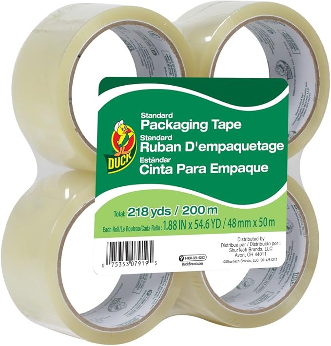 Duck Brand Standard Packaging Tape Refills - 4 Rolls of Clear Packing Tape - Shipping, Mailing and Moving Supplies - 3" Core - 1.88 Inch x 54.6 Yards, Clear (240238)