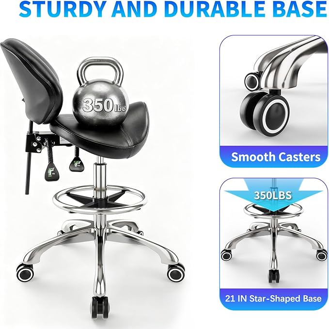 Saddle Chair with Back Support - Tilted Backrest, Adjustable Foot Rest, 350 LBS Capacity Ergonomic, 360° Swivel Drafting Chair for Salon, Spa, Massage, Tattoo, Facial lash, Home, Dentist (Black)