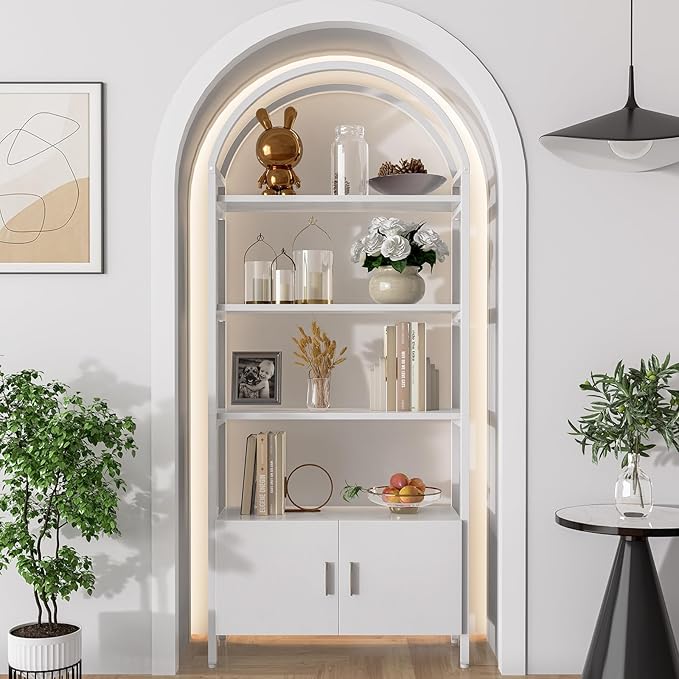 Jehiatek Arched Bookshelf, Bookcase with Doors Storage, 71 Inches Tall Industrial Book Shelf with Sturdy Metal Frame, E1 Quality Boards, Freestanding Display Shelving Unit, White