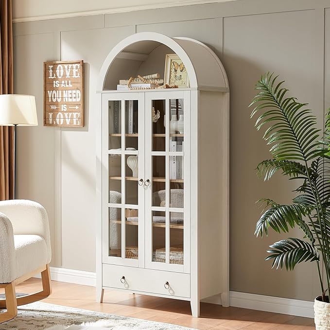 70" Tall Arched Cabinet, Modern Farmhouse Wooden Display Cabinet with Glass Doors, 6 Tier Bookshelf with Adjustable Shelves for Living Room, Office, Antique White