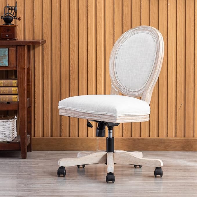 HEAH-YO Armless Home Office Chair, Vintage Linen Fabric Desk Chair with Wheels and Mid Back Support, Swivel Vanity Chair for Bedroom, Beige