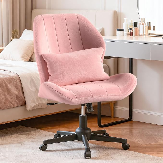 ZZW Criss Cross Chair with Wheels, Wide Cross Legged Office Chair Armless Comfy Desk Chair with Tall Back Vanity Chairs with Stress Relief Curved Design Seat for Bedroom & Office & Home Pink