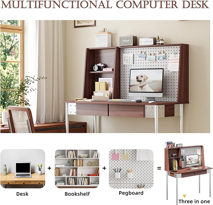Home Office Furniture Set 4, 47 Inch Writing Desk with Hutch and Bookshelf, 3 Drawer File Cabinet with Printer Stand, Wide Bookshelf with Door, 5-Tier Rotating Bookshelf Tower with Display Shelf