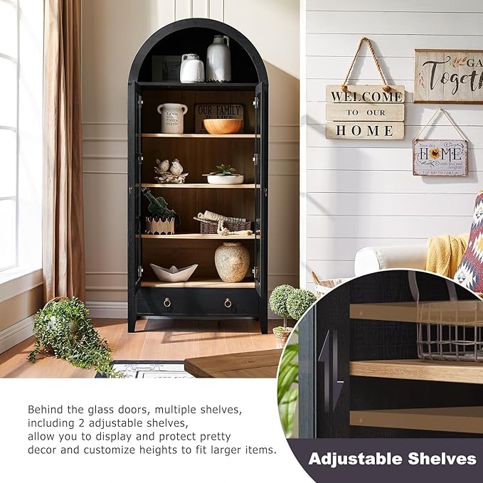 70" Tall Arched Cabinet, Modern Farmhouse Wooden Display Cabinet with Glass Doors, 6 Tier Bookshelf with Adjustable Shelves for Living Room, Office, Black