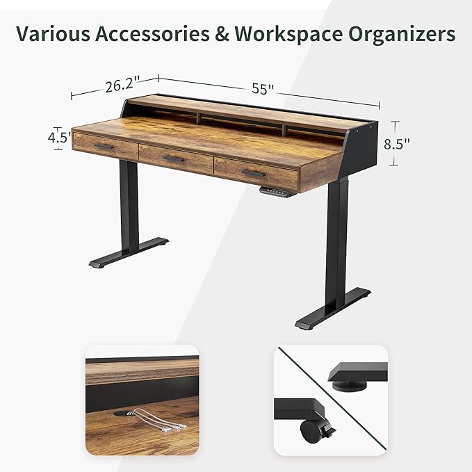 CubiCubi Standing Desk 55x26 Inches with 3 Wood Drawers and Monitor Shelf, Ergonomic Rising Home Office Desks, Height Adjustable Computer Desk, Sit Stand Up Electric Workstation Table, Antique Brown