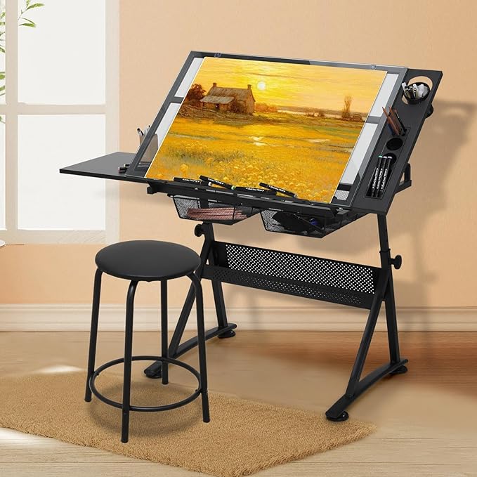 Drafting Table with Height Adjustable Glass Top, Drawing Table with Storage Drawers, Extendable Design, Art Desk Ideal for Drawing, Painting, Writing, Home Office, Clear Glass