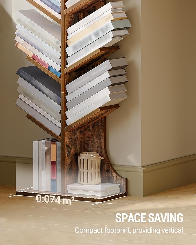 Hzuaneri Tree Bookshelf, 11 Tier Narrow Bookcase, Display Shelf, Book Organizer, Small Floor Standing Book Shelf for Bedroom, Living Room, Home Office, Rustic Brown BC01601X