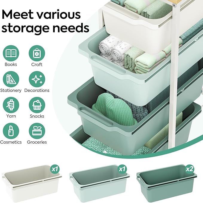 Rolling Storage Cart with 4 Drawers, Craft Organizer, Wooden Tabletop Utility Cart for Bedroom, Children's Room and Office Organization, Table Side Trolley with Lockable Wheels, Green
