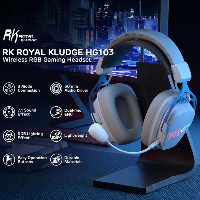 RK ROYAL KLUDGE HG103 Wireless Gaming Headset for PS5/4, Xbox, PC, Switch, BT5.3/2.4G/3.5mm Wired RGB Over Ear Headphones with Noise Canceling Mic, 50mm Drivers, 7.1 Surround Sound for FPS Game