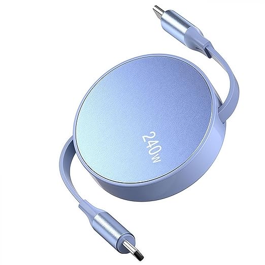 240W USB C to USB C Cable(Blue), Retractable USB c Cable Fast Charger, Short Type-C Charging Cord for iPhone 17/17 Air/16 Pro Max/15 Plus/Samsung Galaxy Z Flip 6 5 4/Google 10 Travelling Essentials