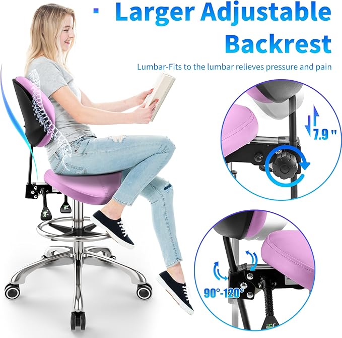 Saddle Chair with Back Support - Tilted Backrest, Adjustable Foot Rest, 350 LBS Capacity Ergonomic, 360° Swivel Drafting Chair for Salon, Spa, Massage, Tattoo, Facial lash, Home,（Macaron Purple）