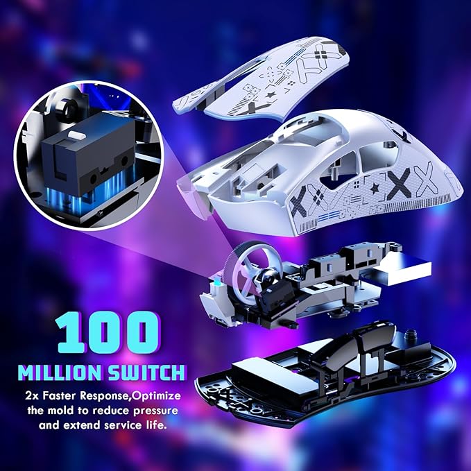 MAMBASNAKE Attack Shark V3 Wireless Gaming Mouse,Adjustable 25K DPI PAW3311 Optical Sensor,Ergonomic Lightweight 5 Programmable Buttons 500mAH Battery,2.4G/BT/USB-C Wired for PC/Mac-White&Griptape