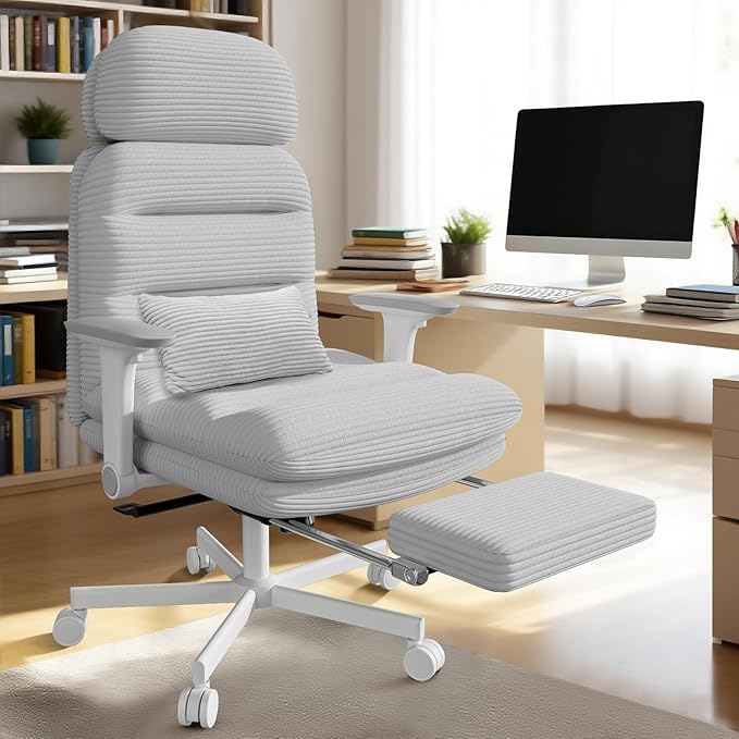 GXJ Criss Cross Chair with Wheels & Flip-up Arms, Executive Office Chair with Foot Rest, Swivel Cross Legged Office Chair with Lumbar Pillow, Corduroy Comfy Computer Desk Chair for Home, Grey