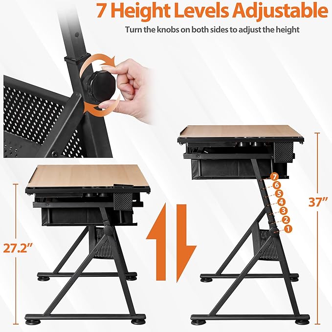 JupiterForce Drafting Table Art Desk w/Power Outlet and Stool, Adjustable Tilting Drawing Table Artist Desk with 2 Storage Drawers, Art Craft Work Station for Home Office Working, Writing, Crafting
