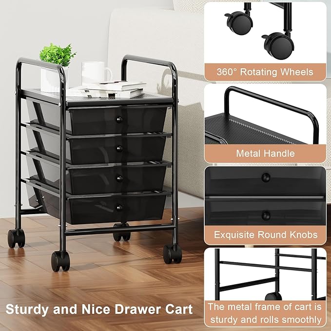 4-Tier Utility Cart with 4 Drawers, Rolling Utility Cart with 2 Lockable Caster Wheels, Multipurpose Mobile Rolling Drawer Cart for Office Bathroom Kitchen, Transparent Black