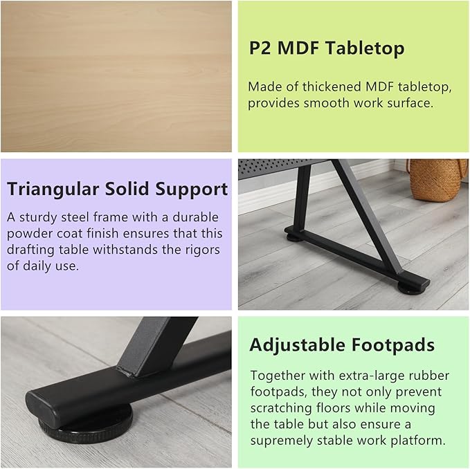 Drafting Table, Height Adjustable Drawing Table Art Table with Stool, 0-75° Tilted Tabletop Artist Desk Painting Table with Storage for Home Office School, Type 4-Brown