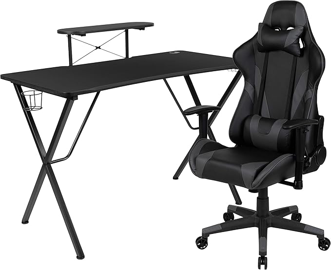 Flash Furniture Optis Black Gaming Desk and Gray Reclining Gaming Chair Set with Cup Holder, Headphone Hook, and Monitor/Smartphone Stand