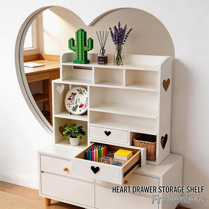 White Heart Drawer Bookshelf, Desktop Organizer with Shelves & Heart-Shaped Drawer for Desk, Office, Dorm - Display Storage for Books, Decor, Makeup, Stationery(White), (Upgrade)