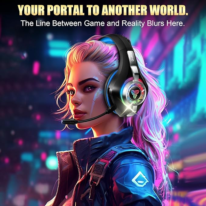 2.4GHz Wireless Gaming Headsets for PS5/PS4/PC/Switch/Xbox, RGB Noise Cancelling Over-Ear Headphones with 7.1 Surround Sound, 40mm Drivers, 276g Ultraligero, Memory Foam, 45H Gaming Headphones Black