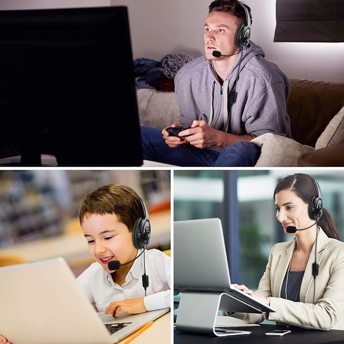 Wired Single Ear Headset with 3.5mm Jack & USB-C & USB-A Adapter for PS5, PS4, Xbox, Switch, PC, iPhone, iPad, Android - Unilateral Mono Headphone for Gaming, Call Center, Remote Work, Online Classes