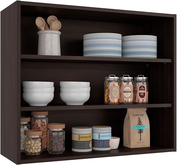 Stained Walnut Open Storage Wall Cabinet Triple-tier organization delivers easy access and ample storage for spices, jars, oils, and kitchen essentials stacking items neatly for daily convenience Re
