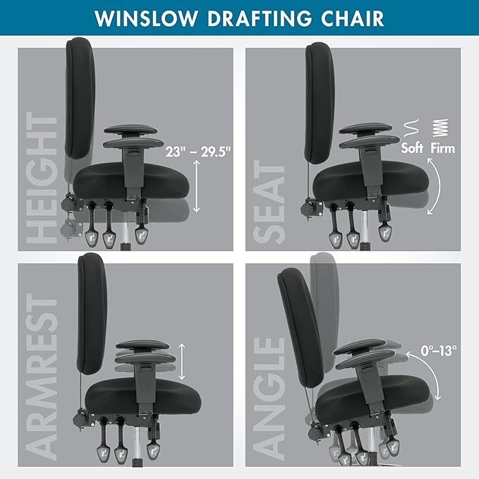 Studio Designs Winslow Drafting Work Chair with Foot Rest - Adjustable Height Chair - Contoured for Desk or Drafting Table