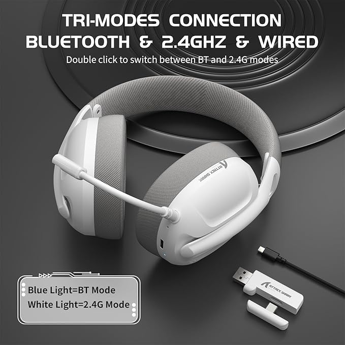 ZIYOU LANG L80 Wireless Gaming Headset Ultralight Over Ear with 2.4Ghz USB C&A Dongle/Bluetooth 5.3/3.5mm Wired Detachable Mic Stereo Sound 600mAh Battery for PC Mac PS4 PS5 Switch Win Gamer(White)