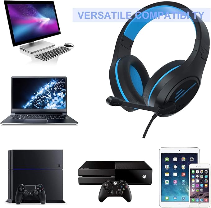 Anivia MH601 Blue Headphones with Microphone Wired Headset with Active Noise Canceling Microphone, 3.5mm Audio Jack Stereo Headphone (Game/Work/School)