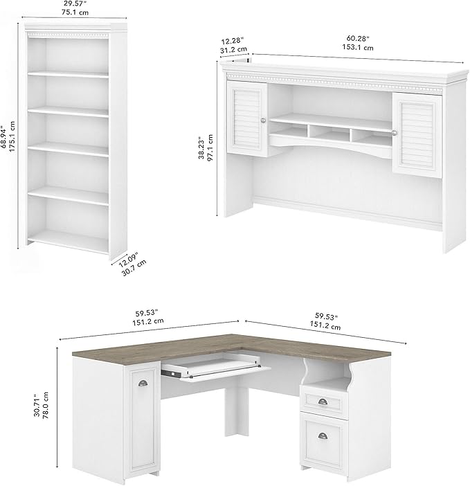 Bush Furniture Fairview L Shaped Desk with Hutch and 5 Shelf Bookcase, Shiplap Gray/Pure White