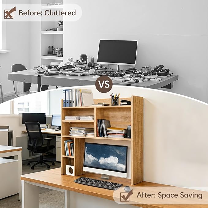 OFCASA Desktop Bookshelf, Countertop Storage Hutch with 7 Shelves for Computer Desk, 35.4'' 3-Tier Display Rack, Multipurpose Wooden Desk Hutch Storage Organizer for Home Office Dorm, Natural