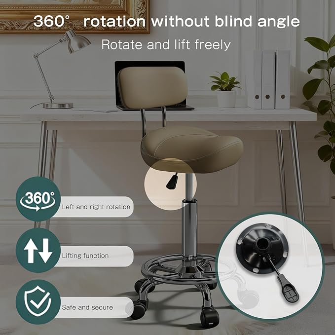 Saddle Stool, Adjustable Height Ergonomic Swivel Chair with Wheels, PU Leather Saddle Seat with Ring Pedal for Salon, Massage, Clinic, Lab, and Office