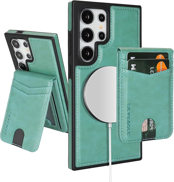 SkyEagle Compatible with Magsafe 2 in 1 Detachable Samsung Galaxy S25 Ultra Wallet Case with Card Holder,Women Men Magnetic PU Leather RFID Blocking Flip Kickstand Credit Slots,Blue Green