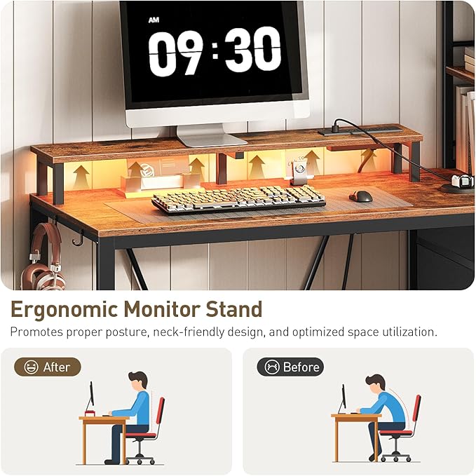 RALGEND 43.3 Inch Computer Desk with 4 Fabric Drawers, Gaming Desk with Storage, Shelves & Power Outlet, Industrial Gaming Desk with Hutch, LED Lights and Monitor Stand, for Home Office, Rustic Brown